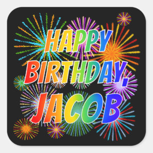 Pegatina Cuadrada Nombre "JACOB", Divertido "FELIZ CUMPLEAÑOS"