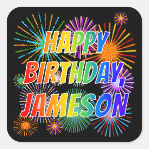 Pegatina Cuadrada Nombre "JAMESON", diversión "FELIZ CUMPLEAÑOS"
