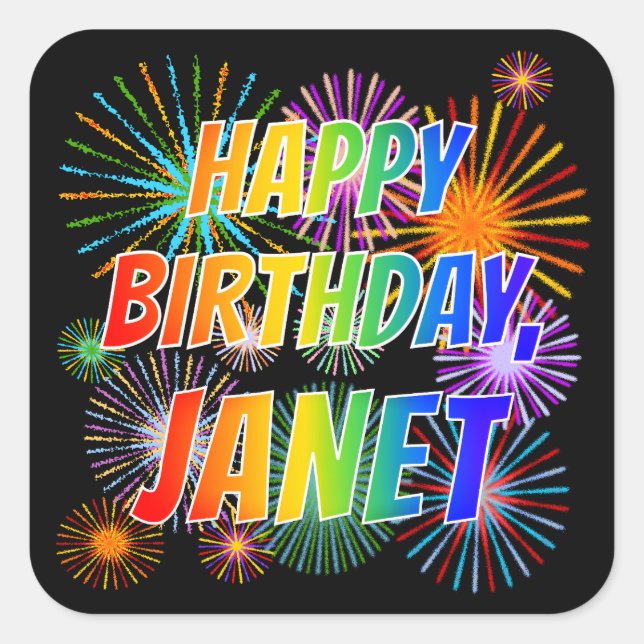 Pegatina Cuadrada Nombre "JANET", Diversión "FELIZ CUMPLEAÑOS" (Anverso)