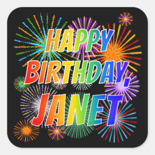 Pegatina Cuadrada Nombre "JANET", Diversión "FELIZ CUMPLEAÑOS"