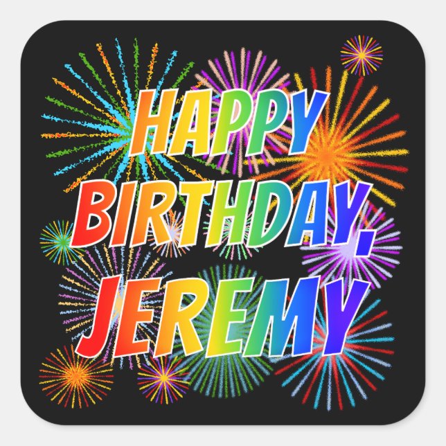 Pegatina Cuadrada Nombre "JEREMY", Diversión "FELIZ CUMPLEAÑOS" (Anverso)