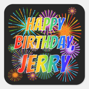 Pegatina Cuadrada Nombre "JERRY", Diversión "FELIZ CUMPLEAÑOS"