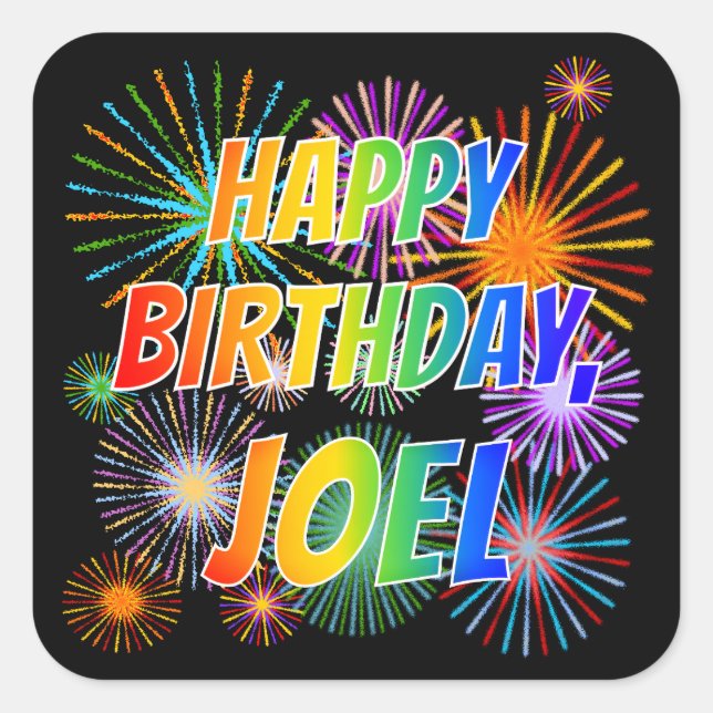 Pegatina Cuadrada Nombre "JOEL", Diversión "FELIZ CUMPLEAÑOS" (Anverso)