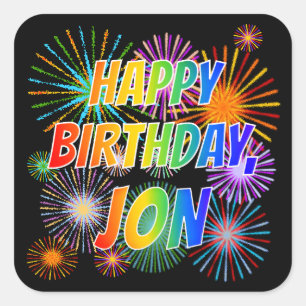 Pegatina Cuadrada Nombre "JON", diversión "FELIZ CUMPLEAÑOS"