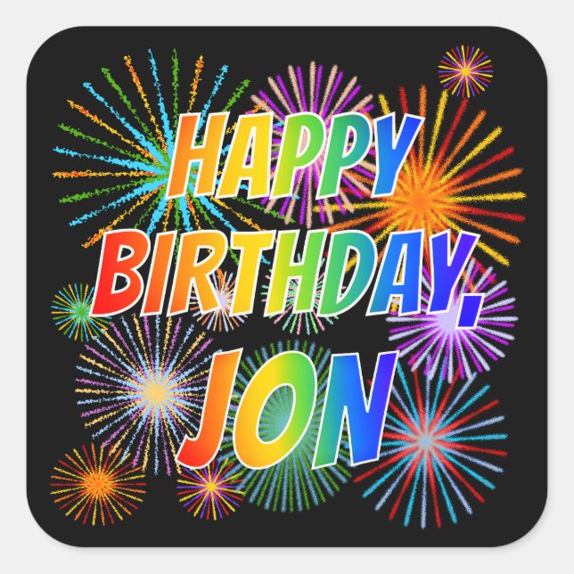 Pegatina Cuadrada Nombre "JON", diversión "FELIZ CUMPLEAÑOS" (Anverso)