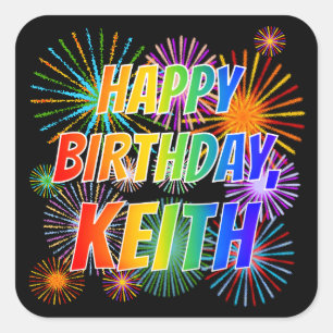 Pegatina Cuadrada Nombre "KEITH", diversión "FELIZ CUMPLEAÑOS"