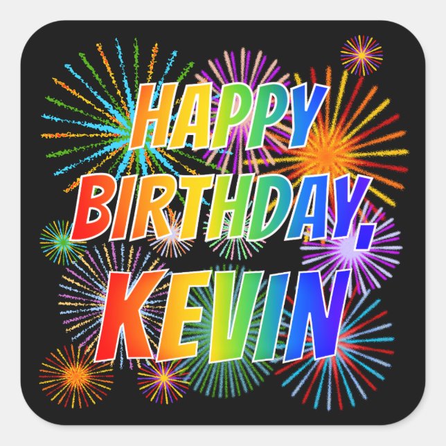 Pegatina Cuadrada Nombre "KEVIN", diversión "FELIZ CUMPLEAÑOS" (Anverso)
