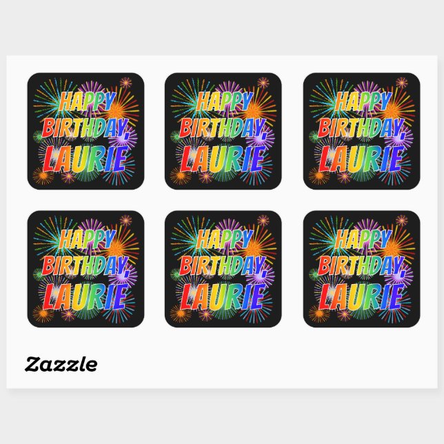 Pegatina Cuadrada Nombre "LAURIE", diversión "FELIZ CUMPLEAÑOS" (Hoja)