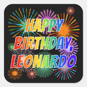 Pegatina Cuadrada Nombre "LEONARDO", diversión "FELIZ CUMPLEAÑOS"