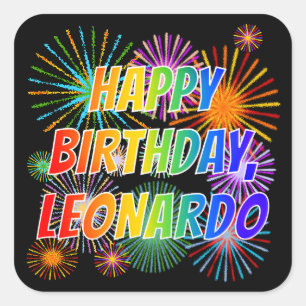 Pegatina Cuadrada Nombre "LEONARDO", Divertido "FELIZ CUMPLEAÑOS"