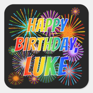 Pegatina Cuadrada Nombre "LUKE", diversión "FELIZ CUMPLEAÑOS"