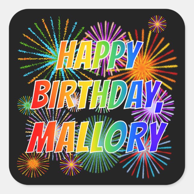 Pegatina Cuadrada Nombre "MALLORY", Diversión "FELIZ CUMPLEAÑOS" (Anverso)