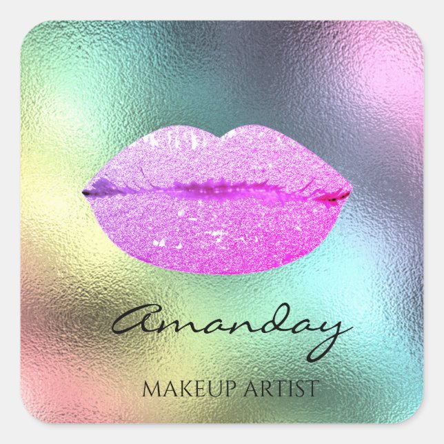 Pegatina Cuadrada Nombre maquillaje Artista Límites Rosas Holográfic (Anverso)