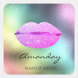 Pegatina Cuadrada Nombre maquillaje Artista Límites Rosas Holográfic