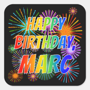 Pegatina Cuadrada Nombre "MARC", Diversión "FELIZ CUMPLEAÑOS"