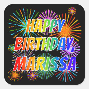 Pegatina Cuadrada Nombre "MARISSA", Diversión "FELIZ CUMPLEAÑOS"