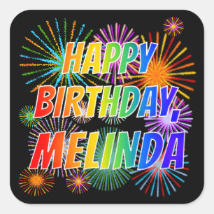 Pegatina Cuadrada Nombre "MELINDA", Diversión "FELIZ CUMPLEAÑOS"