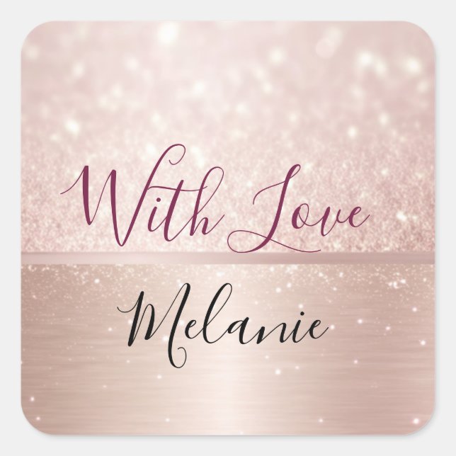 Pegatina Cuadrada Nombre metálico de Glam oro Rosa Purpurinoso (Anverso)