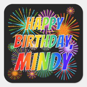 Pegatina Cuadrada Nombre "MINDY", Divertido "FELIZ CUMPLEAÑOS"