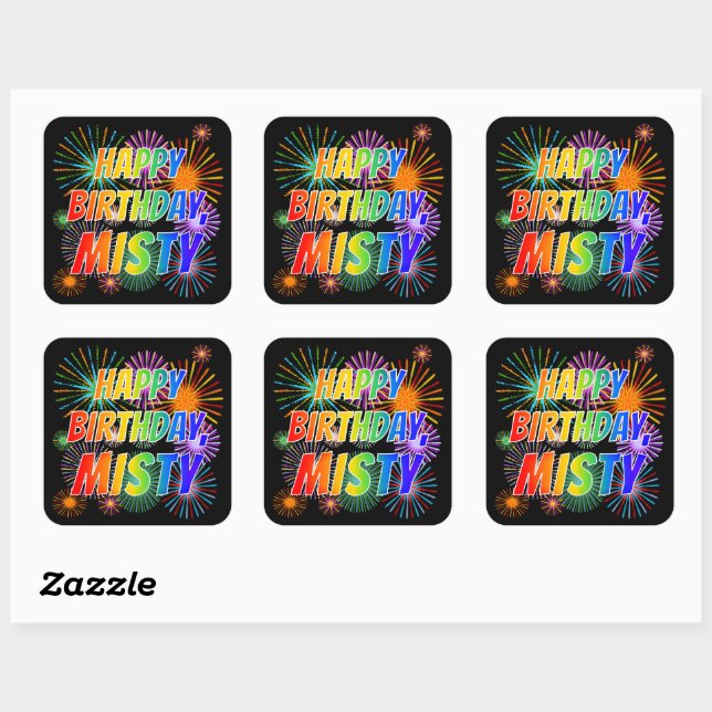 Pegatina Cuadrada Nombre "MISTY", Diversión "FELIZ CUMPLEAÑOS" (Hoja)