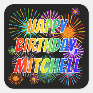Pegatina Cuadrada Nombre "MITCHELL", diversión "FELIZ CUMPLEAÑOS"