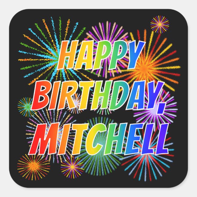 Pegatina Cuadrada Nombre "MITCHELL", diversión "FELIZ CUMPLEAÑOS" (Anverso)
