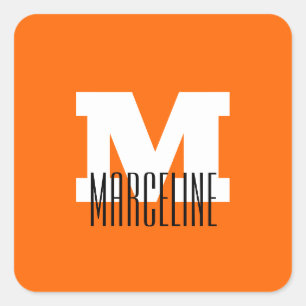 Pegatina Cuadrada Nombre moderno y elegante inicial   Naranja Neon S