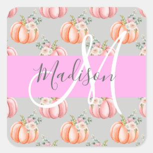 Pegatina Cuadrada Nombre Monograma Calabaza Melocotón Rosa Gris Flor