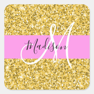 Pegatina Cuadrada Nombre Monograma con Brillo de Rosa y Oro Glam