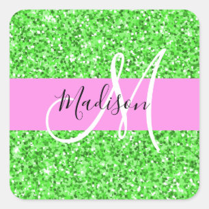 Pegatina Cuadrada Nombre Monograma con Brillo Rosa y Verde Glam