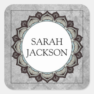 Pegatina Cuadrada Nombre Monograma Gris de borde floral estilizado d