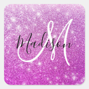 Pegatina Cuadrada Nombre Monograma Purpurina Glitter Femenino y Glam