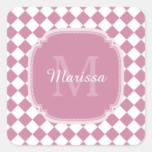 Pegatina Cuadrada Nombre monogramado rosa y blanco marcado de moda