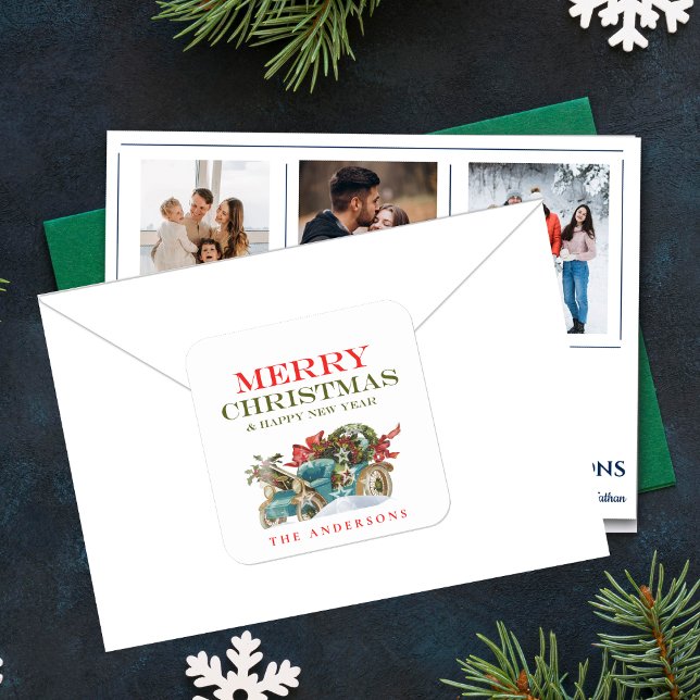 Pegatina Cuadrada Nombre Navideño Colorido Vehículo Feliz Navidad (Colorful Christmas Name Vehicle Merry Christmas Square Sticker)