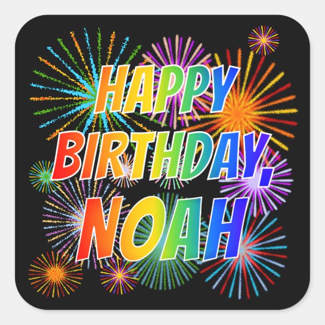 Pegatina Cuadrada Nombre "NOAH", diversión "FELIZ CUMPLEAÑOS" (Anverso)