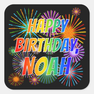 Pegatina Cuadrada Nombre "NOAH", diversión "FELIZ CUMPLEAÑOS"