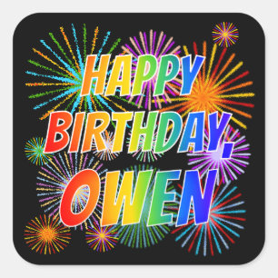 Pegatina Cuadrada Nombre "OWEN", Divertido "FELIZ CUMPLEAÑOS"