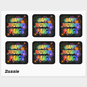 Pegatina Cuadrada Nombre "PAIGE", diversión "FELIZ CUMPLEAÑOS"