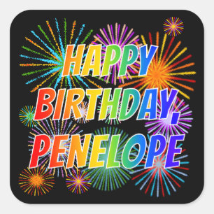 Pegatina Cuadrada Nombre "PENELOPE", Diversión "FELIZ CUMPLEAÑOS"