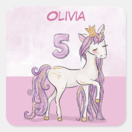 Pegatina Cuadrada Nombre personalizado 5º cumpleaños Caballo rosa co