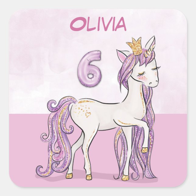Pegatina Cuadrada Nombre personalizado 6º cumpleaños caballo rosa co (Anverso)