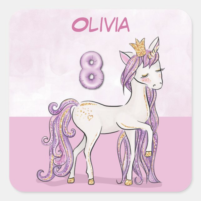 Pegatina Cuadrada Nombre personalizado 8 cumpleaños caballo rosa con (Anverso)