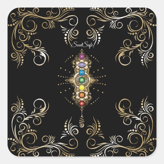 Pegatina Cuadrada Nombre personalizado Alineado Gold Chakra (Anverso)