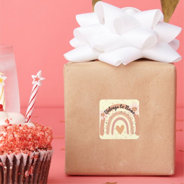 Pegatina Cuadrada Nombre personalizado Bookplate Cute Pastel Arcoiri (Fiesta)