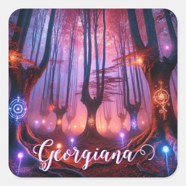 Pegatina Cuadrada Nombre personalizado Bosque de Whimsigoth con enca (Anverso)