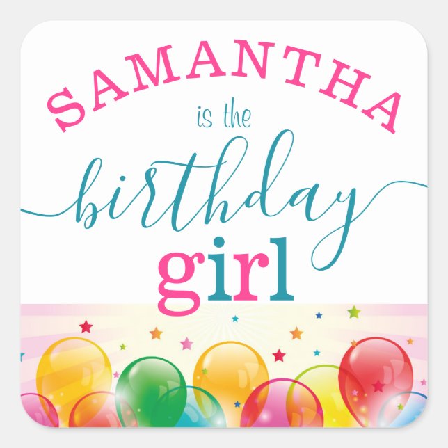 Pegatina Cuadrada Nombre personalizado Chica de cumpleaños festivo r (Anverso)