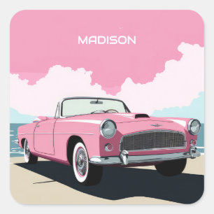 Pegatina Cuadrada Nombre personalizado Coche clásico rosado