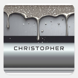 Pegatina Cuadrada Nombre personalizado con metal líquido que gotea