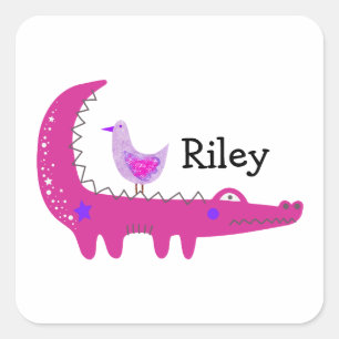 Pegatina Cuadrada Nombre personalizado Cute Hot Pink caimán y gaviot