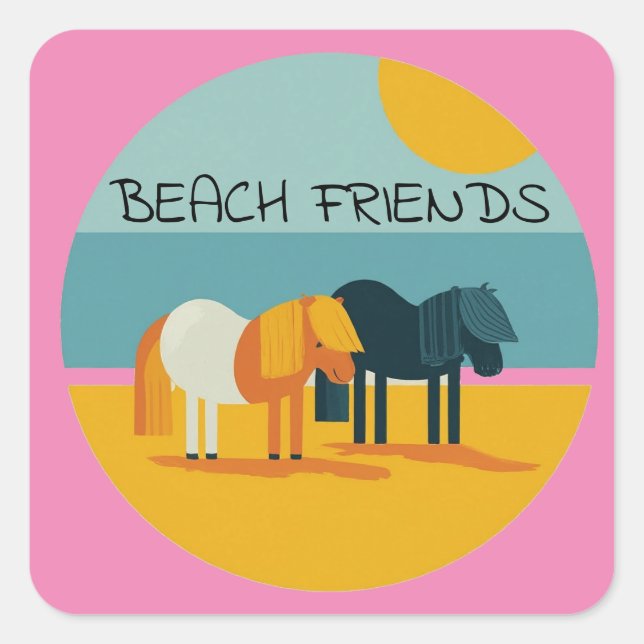Pegatina Cuadrada Nombre personalizado de Beach Friends Pony (Anverso)